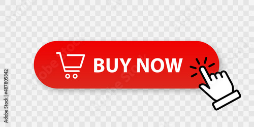 Buy now red button with hand cursor. Button hand pointer clicking. Click here banner with shadow. Click button isolated. Online shopping. photo