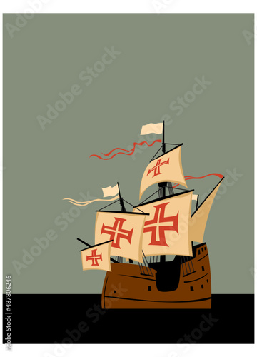 Looking for America. Brave pioneers cross the Atlantic on a small sailing ship. Vector image for prints, poster and illustrations.