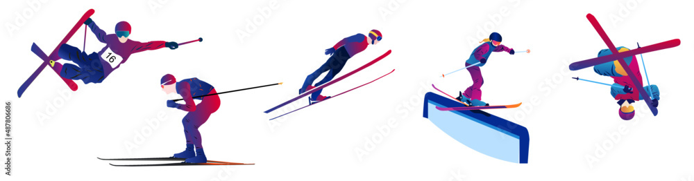 UI design of an abstract man ski jumping on a blue background. Ski Jumping, Freeski Big Air, Freeski Halfpipe	 - obrazy, fototapety, plakaty 