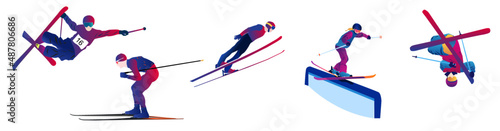 UI design of an abstract man ski jumping on a blue background. Ski Jumping, Freeski Big Air, Freeski Halfpipe 