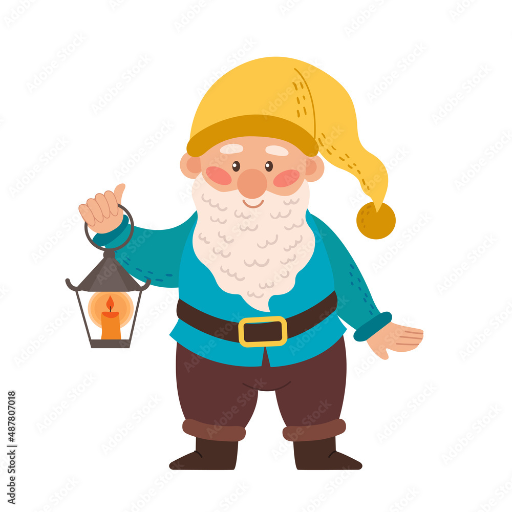 Happy cute little garden gnome with a beard. Dwarf elf holding a lantern. Vector illustration of a fairytale character isolated on a white background. Happy cute little garden gnome with a beard. Dwarf elf holding a lantern. Vector illustration of a fairytale character isolated on a white background.