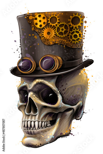 Skull. Graphic, color portrait of a skull in a hat with glasses in the style of steam punk with splashes of watercolor on a white background. Digital vector graphics.