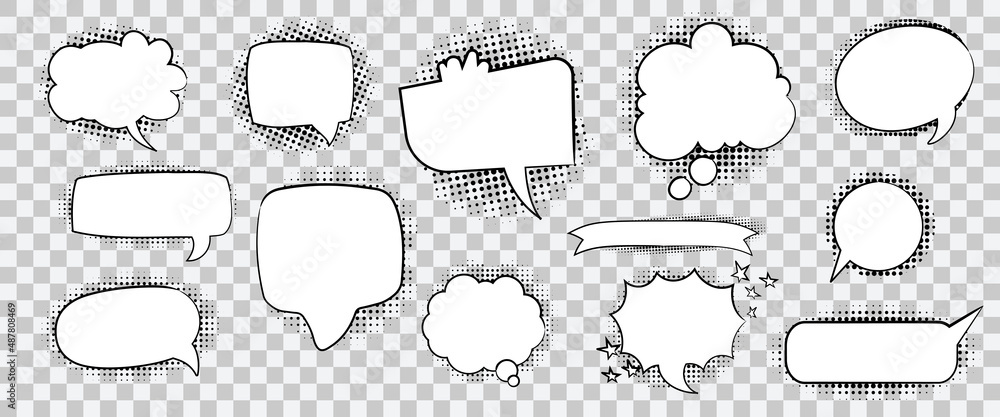 Empty speech bubbles with halftone shadows, pop art style on transparent background. Set of retro vector illustrations Empty speech bubbles with halftone shadows, pop art style on transparent background. Set of retro vector illustrations
