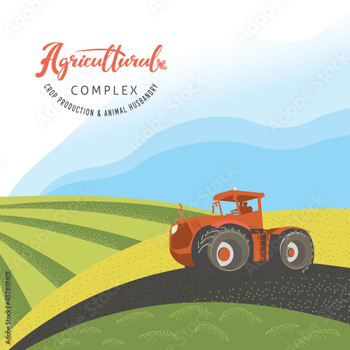 Banner of the agricultural concept. A tractor is plowing in a field among farmlands. Vector rural background for the design of leaflets or booklets.