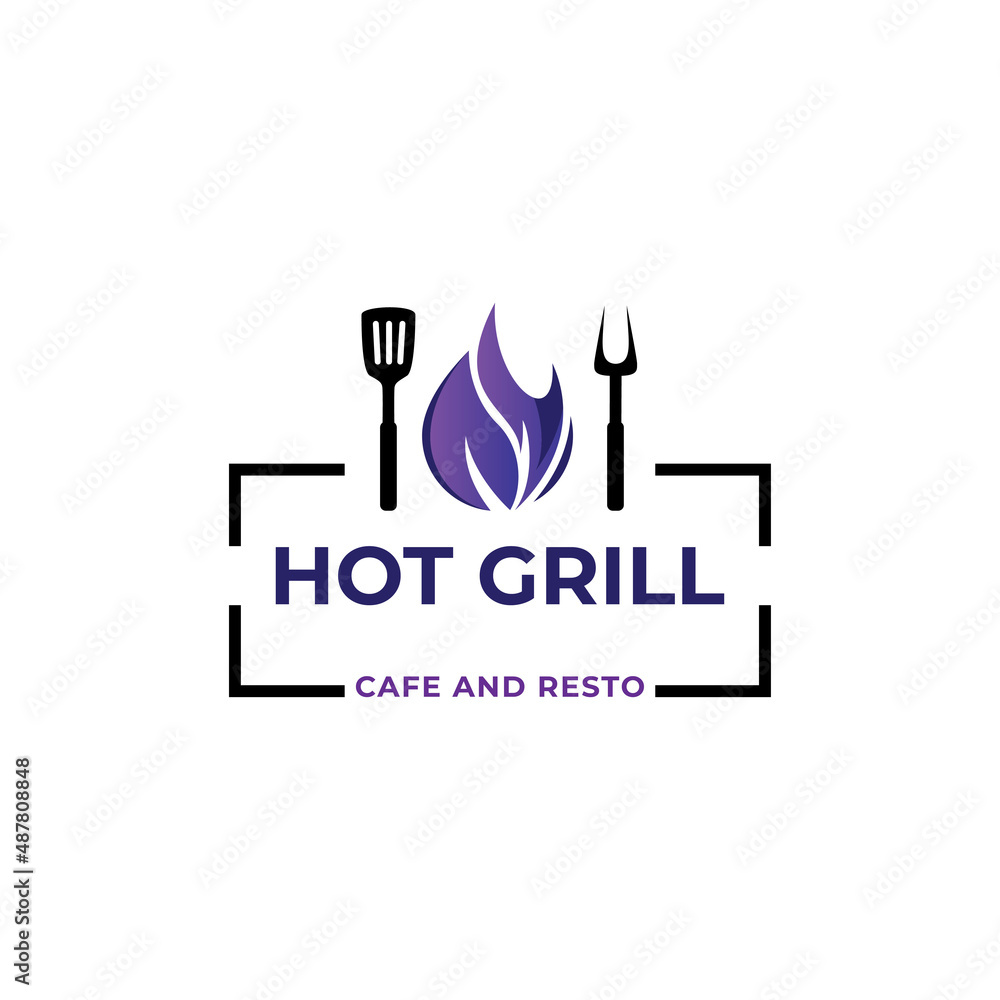Barbecue restaurant - Logo icon of Barbecue, Grill and Bar with fire, grill fork and spatula. BBQ logo template. Vector illustration Barbecue restaurant - Logo icon of Barbecue, Grill and Bar with fire, grill fork and spatula. BBQ logo template. Vector illustration