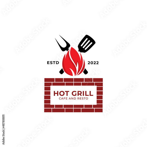 Vintage Retro Rustic BBQ Grill, Barbekyu, Barbeque Label Cap Logo desain vektor photo