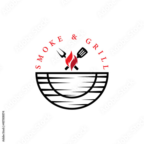 Vintage Retro Rustic BBQ Grill, Barbekyu, Barbeque Label Cap Logo desain vektor