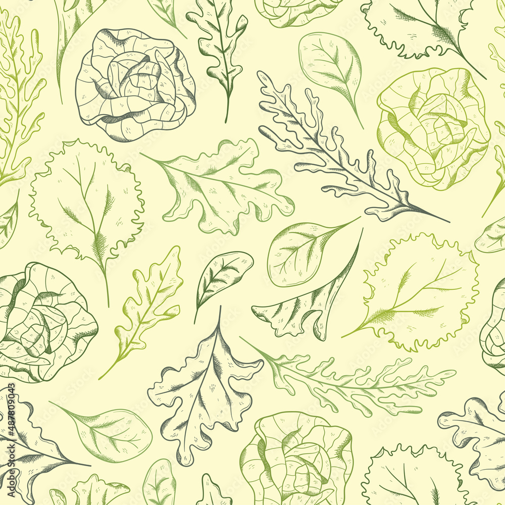 Fototapeta premium Vector Line Art salad Seamless Pattern Background Ornament with hand drawn doodle elements. Great for textiles, banners, wallpapers, wrapping - vector design