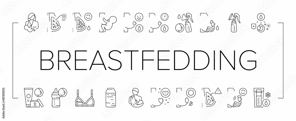 Breastfeeding Baby Collection Icons Set Vector .