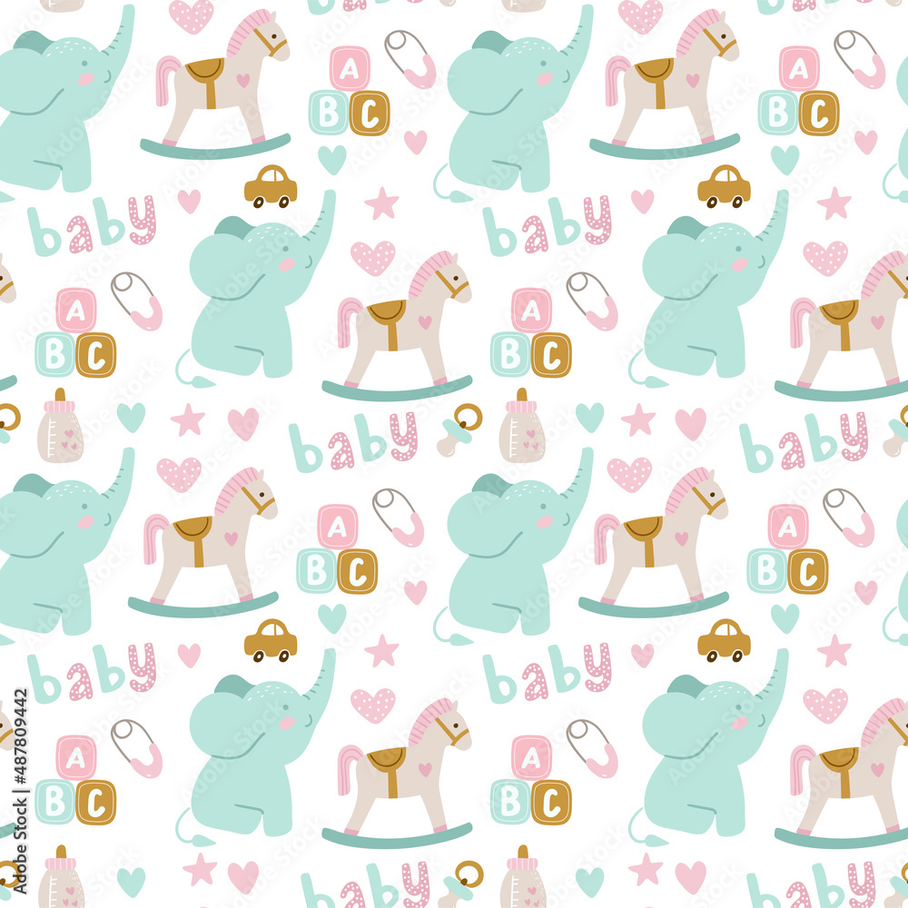 Seamless pattern of baby shower elements, elephant, toy, cloud, rainbow, milk, baby, bottle, sock, star. Vector illustration Seamless pattern of baby shower elements, elephant, toy, cloud, rainbow, milk, baby, bottle, sock, star. Vector illustration