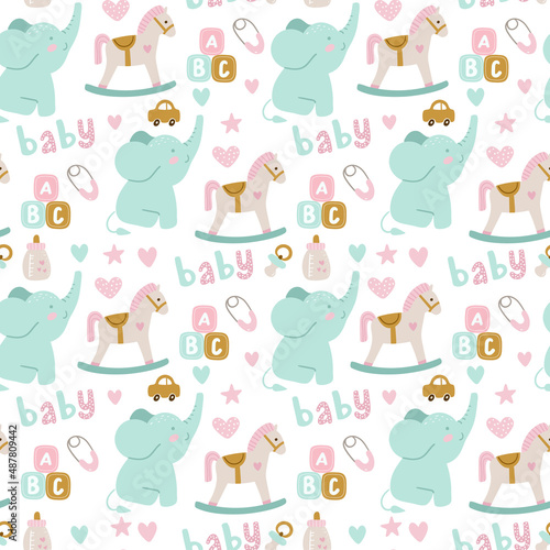 Seamless pattern of baby shower elements, elephant, toy, cloud, rainbow, milk, baby, bottle, sock, star. Vector illustration