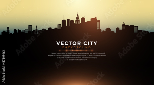 Silhouette of the city. Urban landscape. City skyline vector illustration. Cityscape with buildings. Building in the night city. Space for your tex. Suit for cover, poster, advertising, banner.