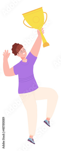 Woman with winner cup jumping. Victory triumph celebrating