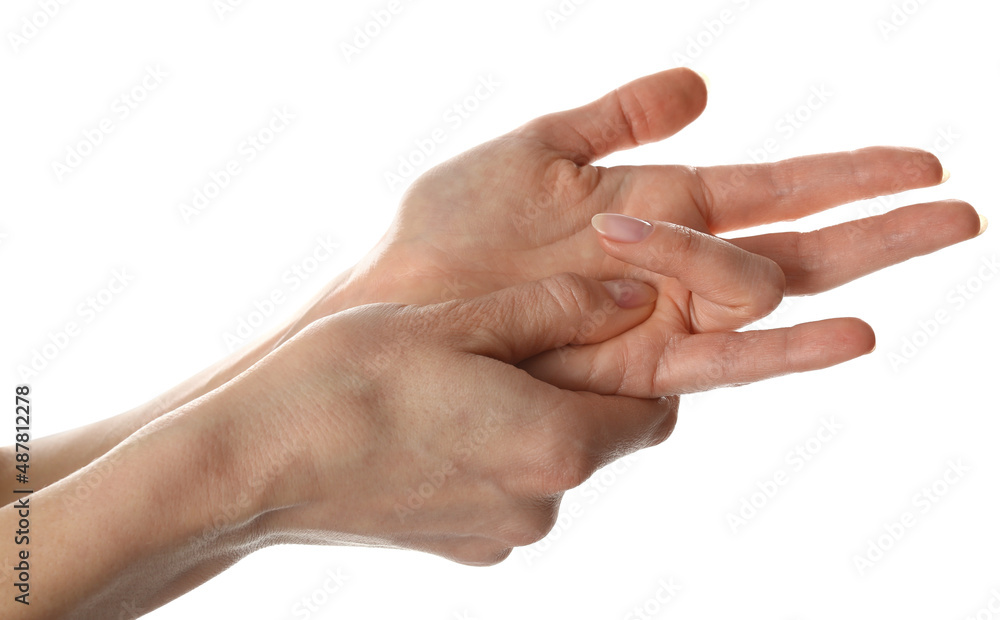 Woman with trigger finger condition on white background, closeup Woman with trigger finger condition on white background, closeup