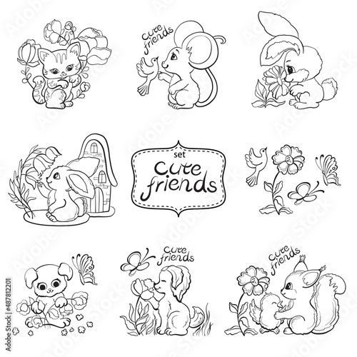 Doodle collection with beautiful cute animals with flowers