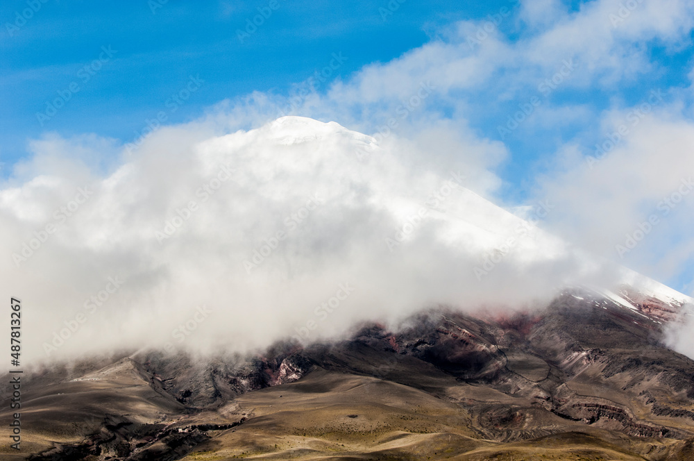 View of the Cotopaxi volcano on a sunny morning in Cotopaxi National Park, Ecuador