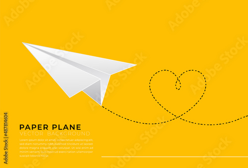White paper plane minimalist style on bright yellow background. Individuality concept. Symbol of creativity. Simple style template design. Suit for cover, poster, advertising, banner, website.