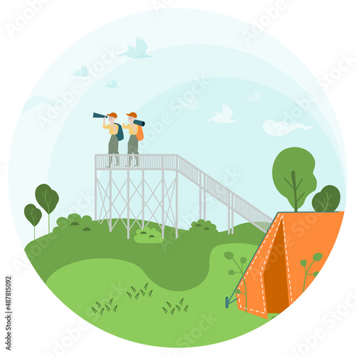 Tourist, birdwatcher with spyglass, backpack and orange tent in nature watching birds. Vector illustration about vacation, travel, summer camp for poster, placard, brochure, website, internet page