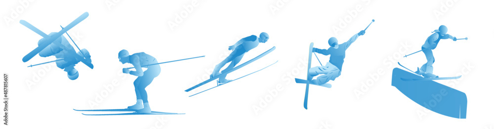  UI design of an abstract man ski jumping on a blue background. Ski Jumping, Freeski Big Air, Freeski Halfpipe - obrazy, fototapety, plakaty 