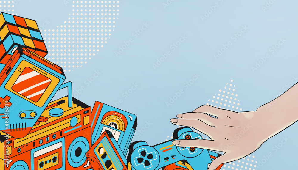 Vintage Retro gamepad and Hand Futuristic retro style background