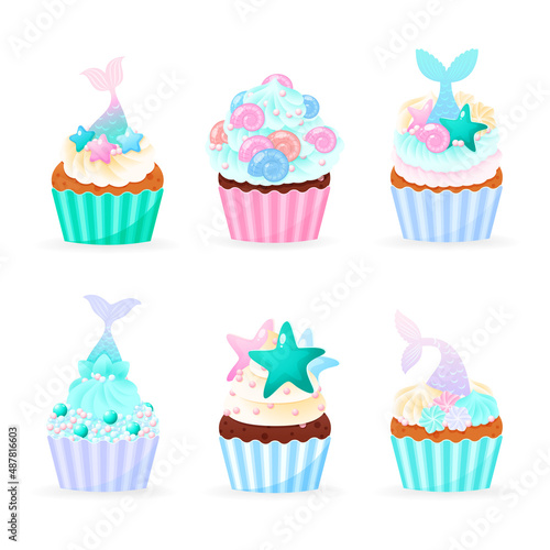 Set of 6 cartoon cupcake icons. Illustrations of birthday sweet muffins decorated with cream, sea shells, star fish, pearls and mermaid tails. Vector 10 EPS.