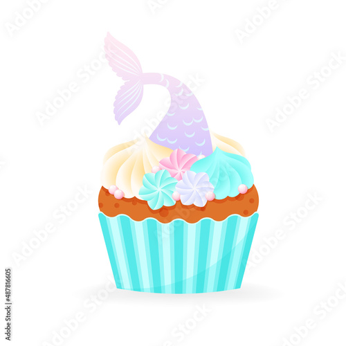 Cartoon cupcake icon. Illustration of birthday sweet muffin decorated with cream and mermaid tail. Vector 10 EPS.