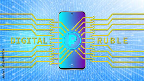 Modern smartphone with new digital Russian ruble. Stylistic microcircuit. Financial bright radiant vector poster