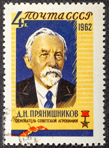 Soviet Union, USSR - circa 1962 : a postage stamp from Soviet Union, USSR, showing the portrait of In Memory of D.N. Pryanishnikov 1865-1948 , Academician