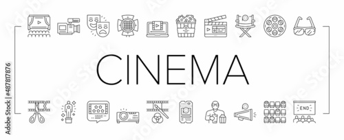 Cinema Watch Movie Entertainment Icons Set Vector .