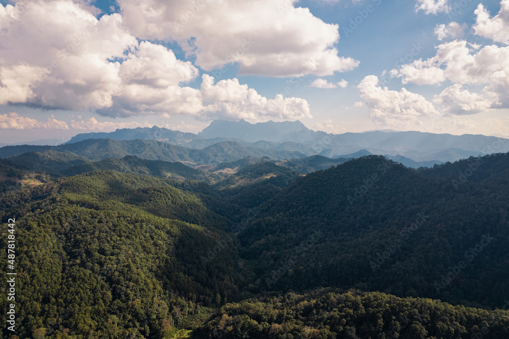 Aerial view of Doi Luang Chiang Dao mountain peak in tropical rainforest on countryside at national park