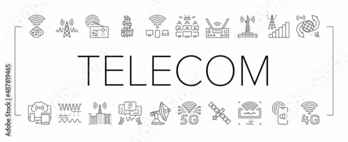 Telecommunication Technology Icons Set Vector .