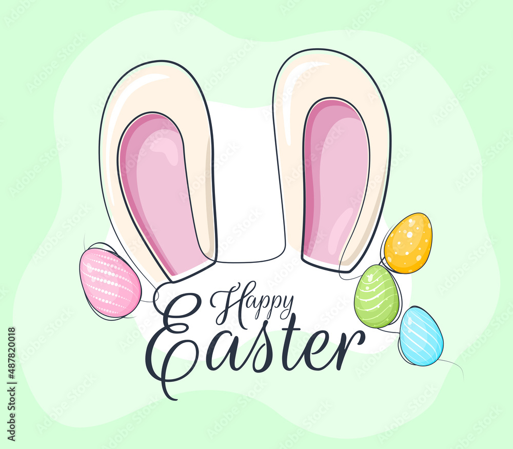 Happy Easter greeting card with colorful eggs and bunny ears in flat design