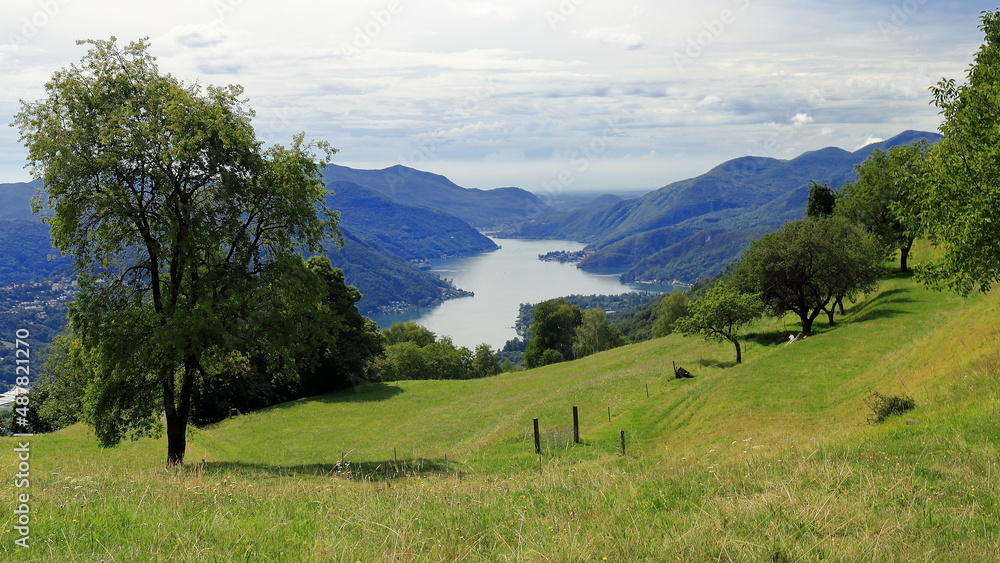 Panorama del Lago di Lugano ripreso da Cademario (Svizzera) in estate