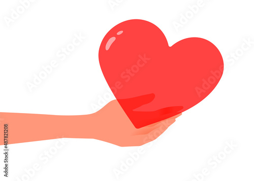 Vector illustration of hand give red shape heart on white color background. Kindness donation and charity concept. Flat style romantic design with sharing love heart