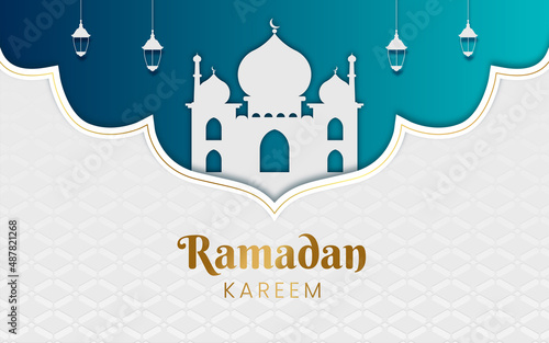 White luxury ramadan background with decorative ornament pattern and lanterns Premium Vector	