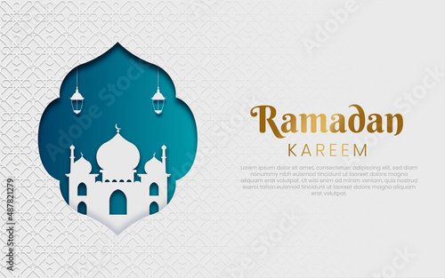 White luxury ramadan background with decorative ornament pattern and lanterns Premium Vector	