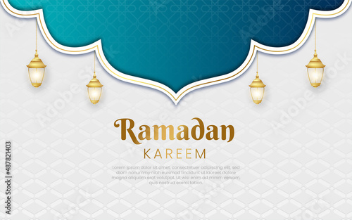White luxury ramadan background with decorative ornament pattern and lanterns Premium Vector	
