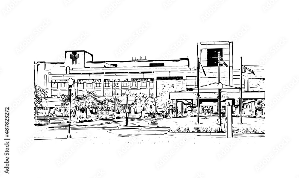 Building view with landmark of Meridian is the 
city in Mississippi. Hand drawn sketch illustration in vector.