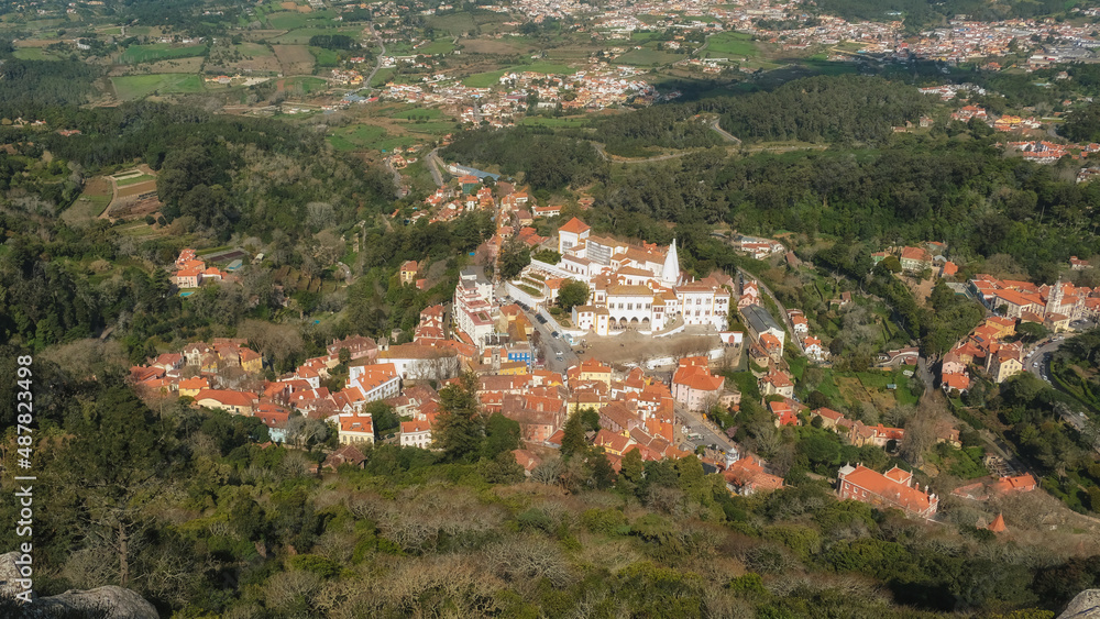 Sintra,Portugal Aerial view of historic center with tower of Town Hall. It is a town in Lisbon region of Portugal, located on the Portuguese Riviera. Sintra,Portugal Aerial view of historic center with tower of Town Hall. It is a town in Lisbon region of Portugal, located on the Portuguese Riviera.