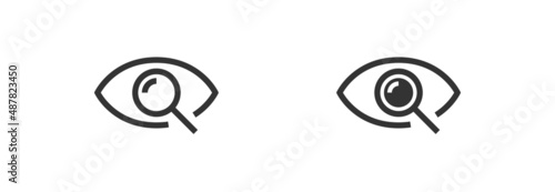 Magnifier with eye black outline icon. Find search button vector isolated