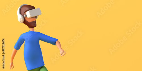 Portrait of man floating using virtual reality headset on yellow background. Copy space. 3D illustration. Cartoon.