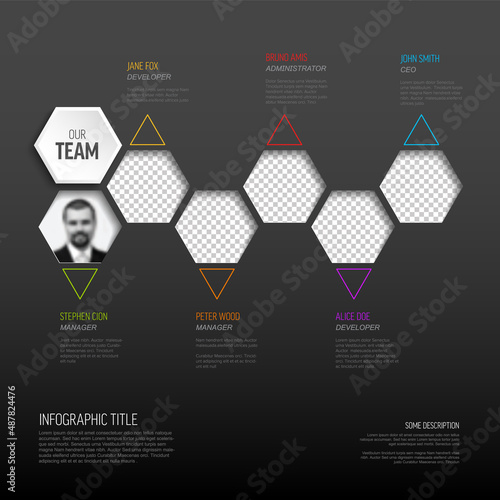 Company team members color hexagon mosaic presentation template with photos