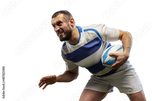 Defensive play. One male rugby players playing rugby football isolated on white background. Sport, activity, health, hobby, occupations concept © master1305