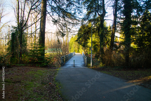 CAminho no parque pelo meio das arvores, separada por uma cerca de madeira.