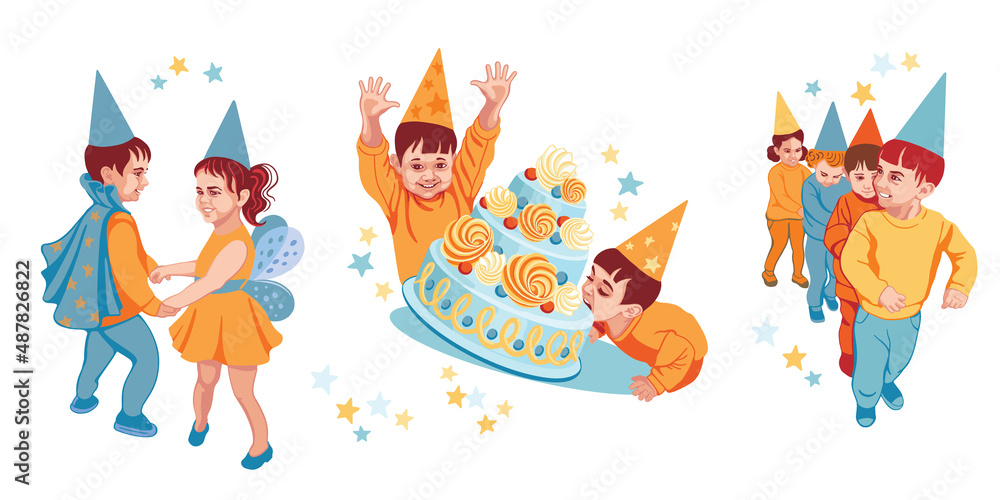 Children's birthday, a boy in a cap bites a cake, the boy rejoices with his hands up, the children dance, rejoice. Poster for organizers of children's parties, birthday party invitations.