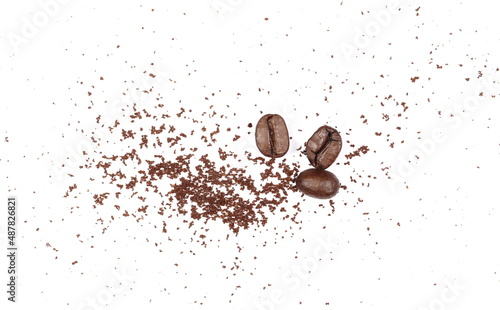Pile of powder and coffee grain isolated on white, top view
