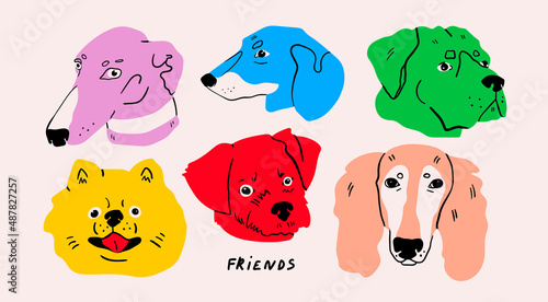 Portraits of various Dogs. Cute adorable puppies. Different breeds. Cartoon style, abstract colors. Best friends, animal care concept. Hand drawn Vector illustration. Every head is isolated