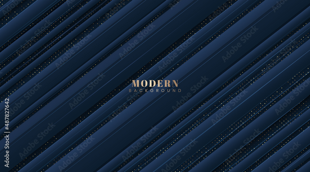 Modern abstract dark blue diagonal strips background with golden dotted ...