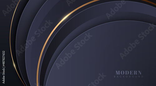 Modern abstract dark blue curve shape on dark background with golden lines. Overlay curved shapes layers element. Luxury and elegant decoration. Trendy simple geometric shapes graphic design.