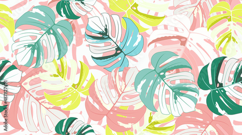 Vector seamless tropical monstera leaves pattern on pastel background. Botanical creative design. Hand drawn bright color tropical leaves graphic element. Trendy minimalistic linear concept.